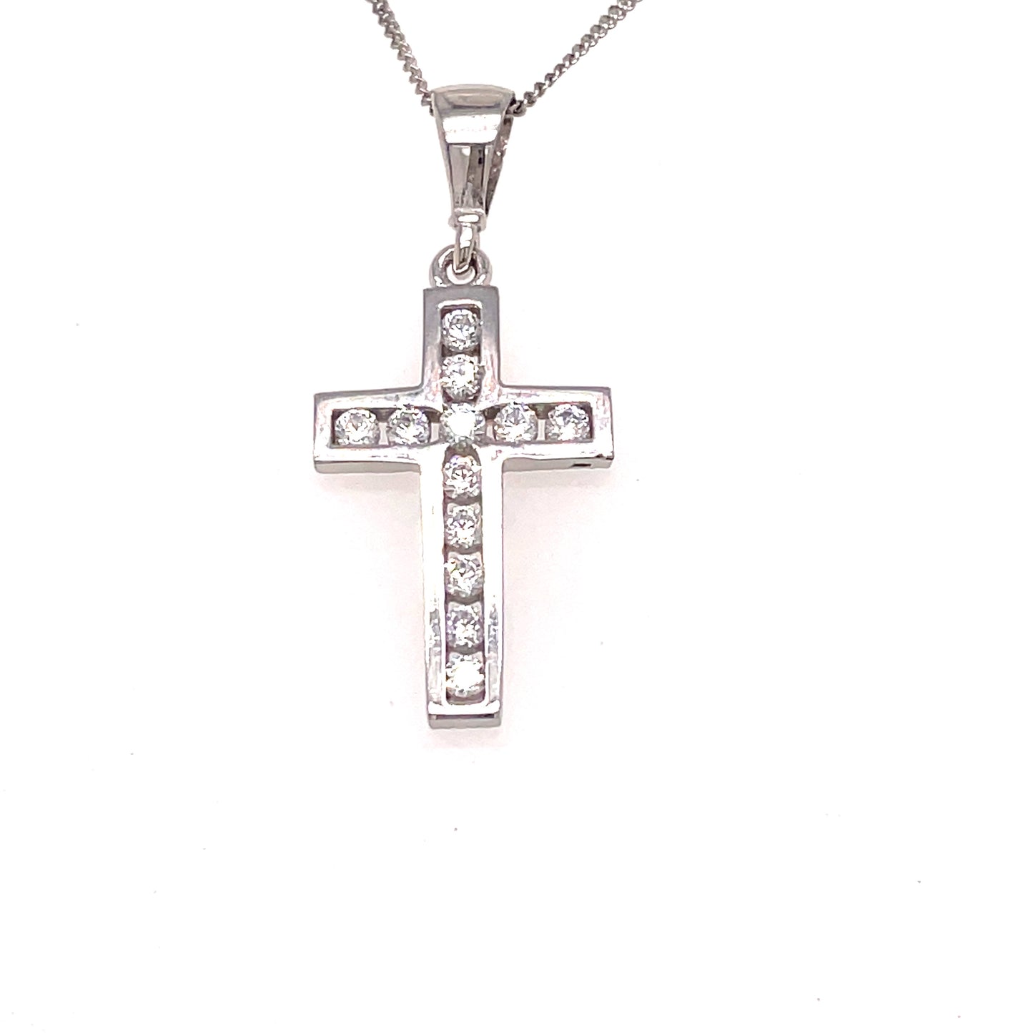 9ct White Gold Cubic Zirconia Channel Set 12 Stone Cross