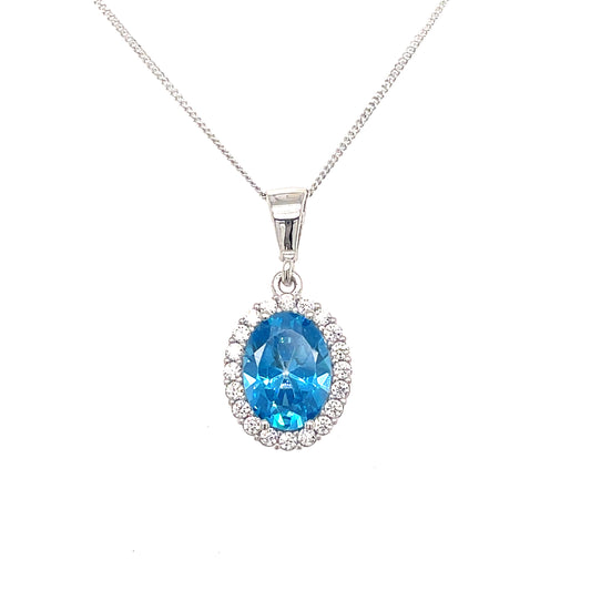 9ct White Gold Oval Halo Blue Topaz Colour And Cubic Zirconia Pendant