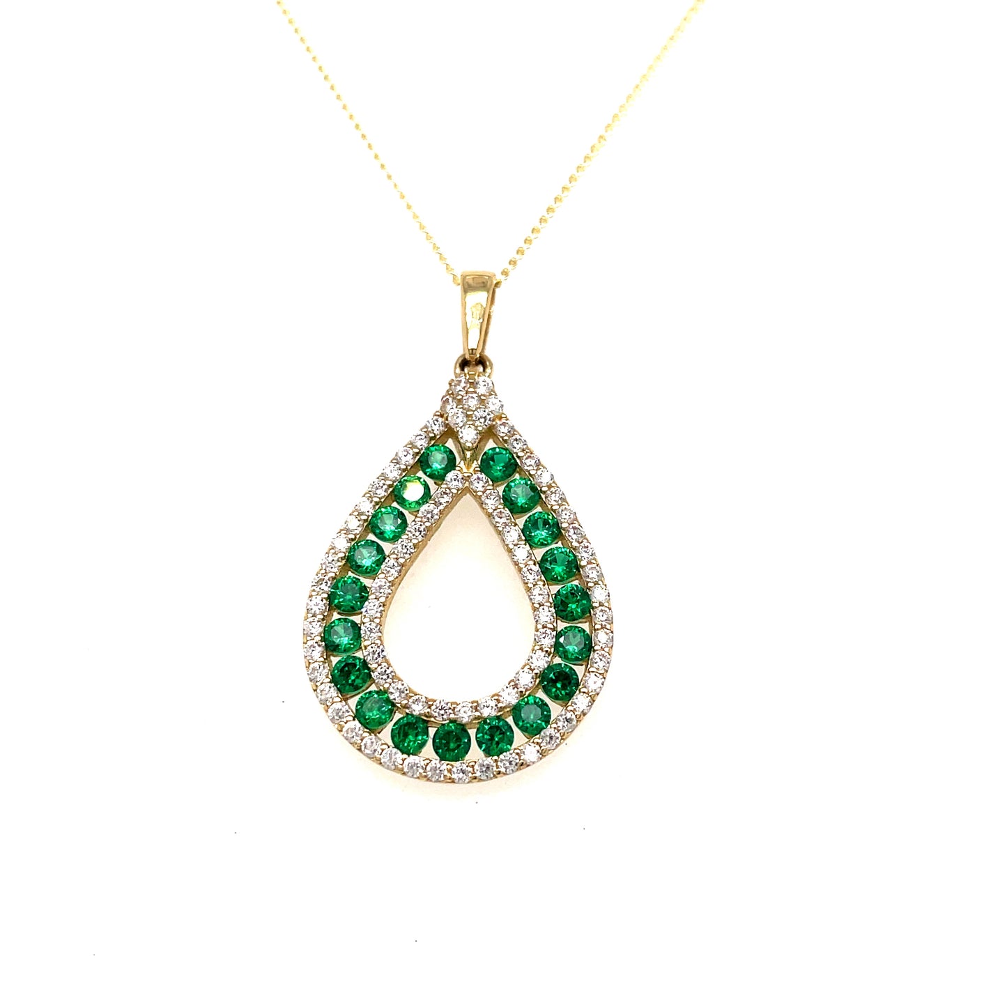 9ct Open Pear Cubic Zirconia And Green Stone Pendant