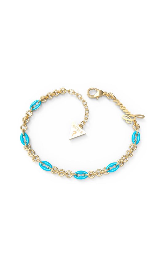 Guess Gold Plated Blue Enamel Oval Link Bracelet