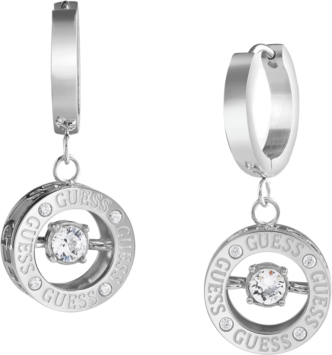 Guess Silver Plated Round Cubic Zirconia Drop Huggie Earring