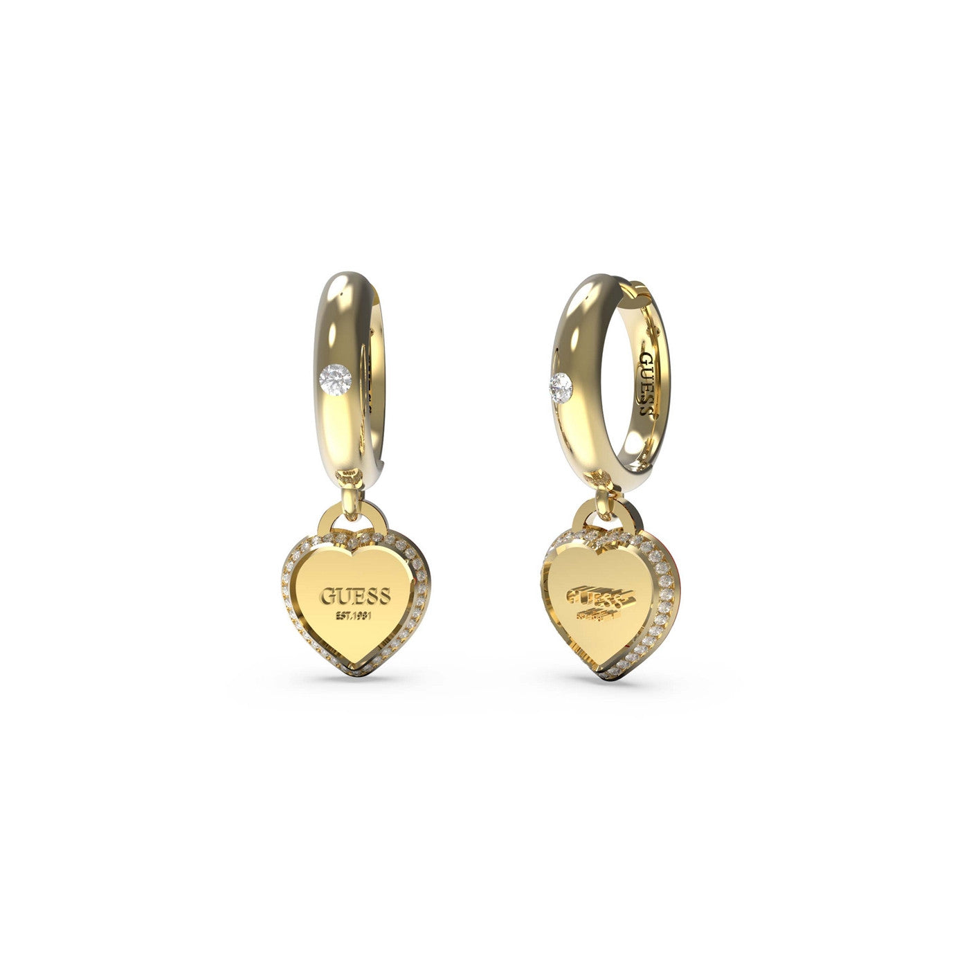 Guess Gold Plated Cubic Zirconia Heart Drop Huggie Earring
