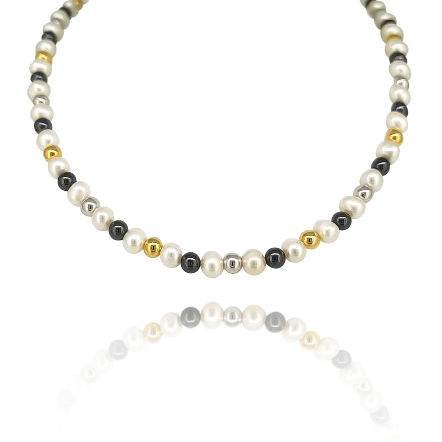 Silver 18' Pearl With Gold Plated And Hematite Necklet