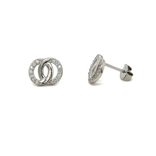 Sterling Silver Polished and Open Double CZ Stud Earrings