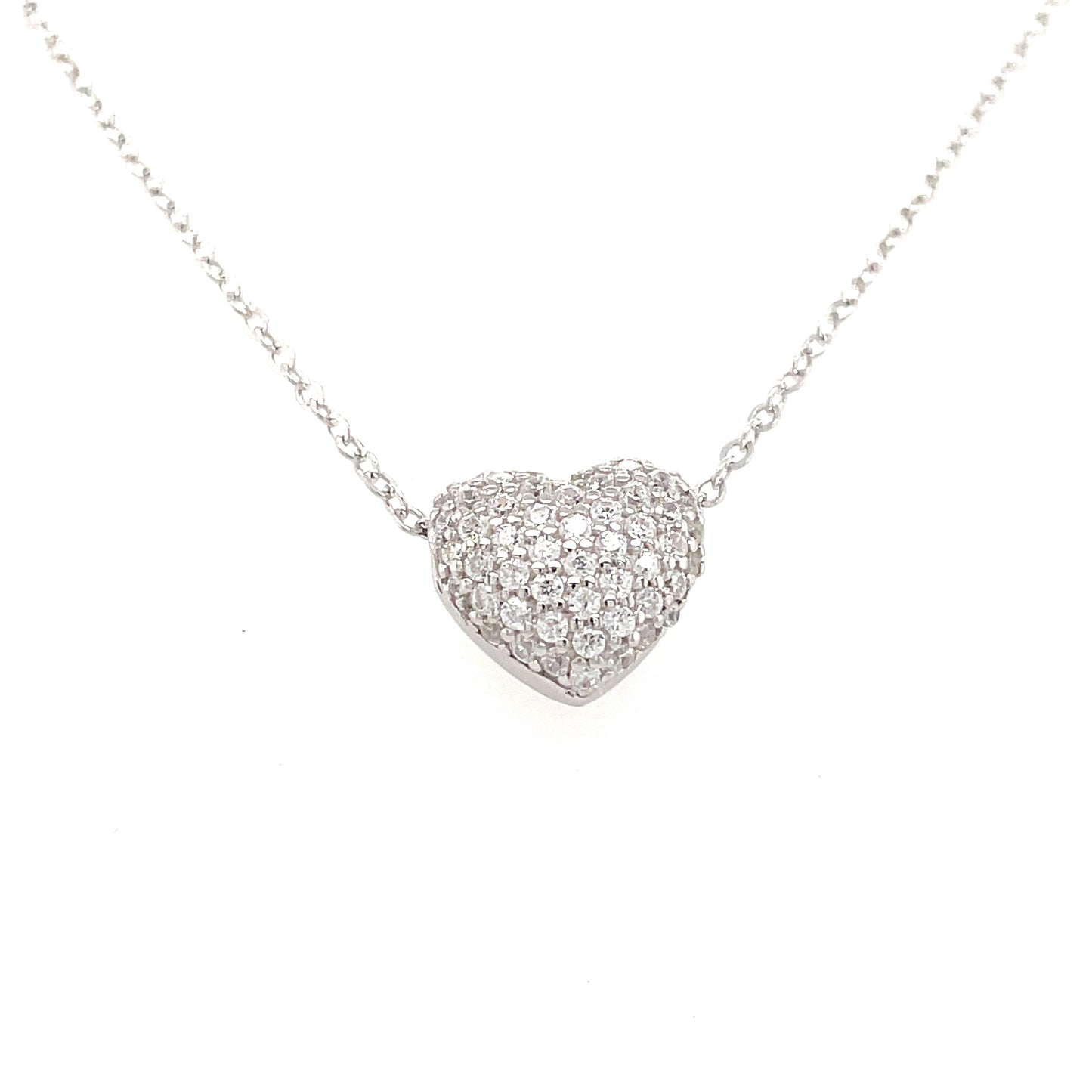 Sterling Silver Cubic Zirconia Pave Heart 40+5cm Necklet