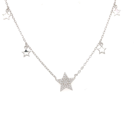 Sterling Silver Cubic Zirconia And Plain Star Necklet