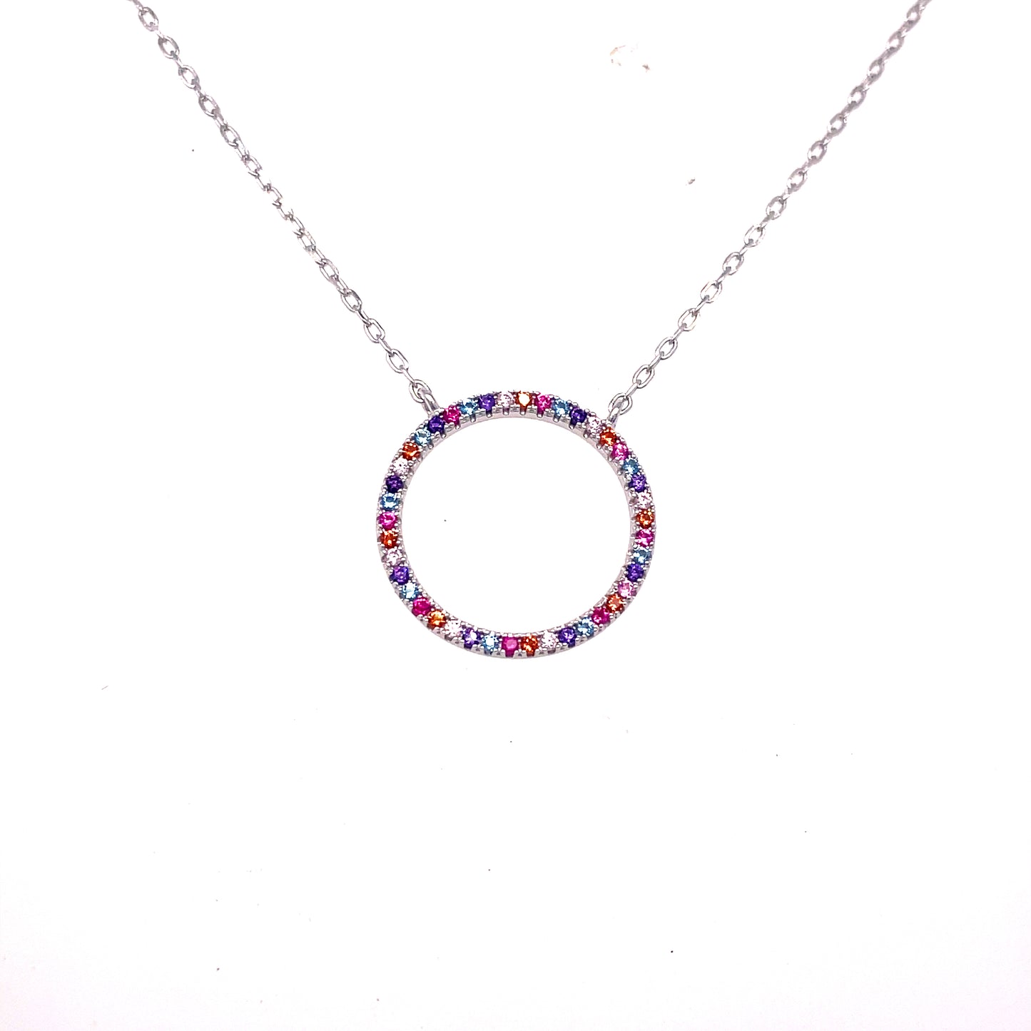 Sterling Silver Open Circle Multicolor Cubic Zirconia Necklet