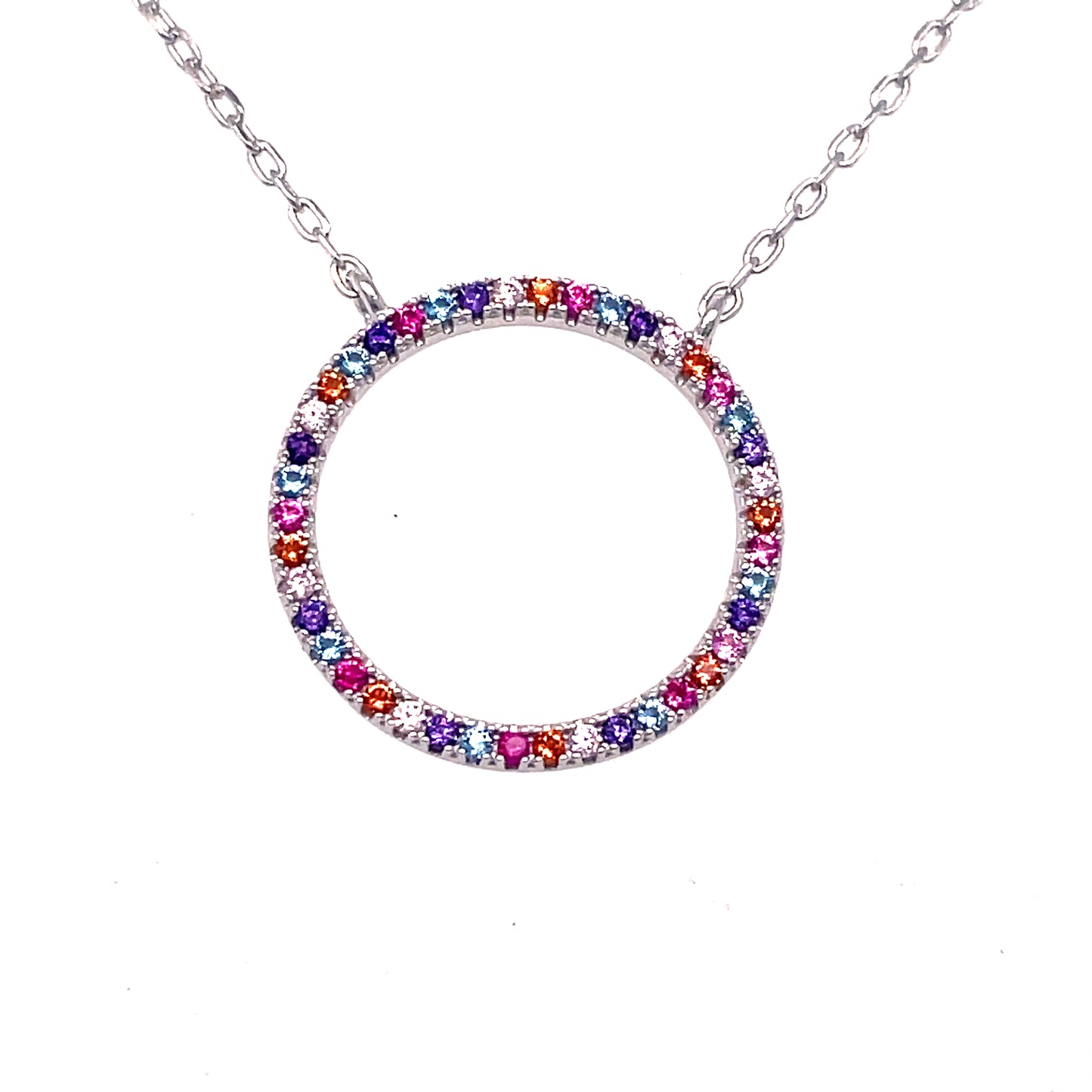 Sterling Silver Open Circle Multicolor Cubic Zirconia Necklet