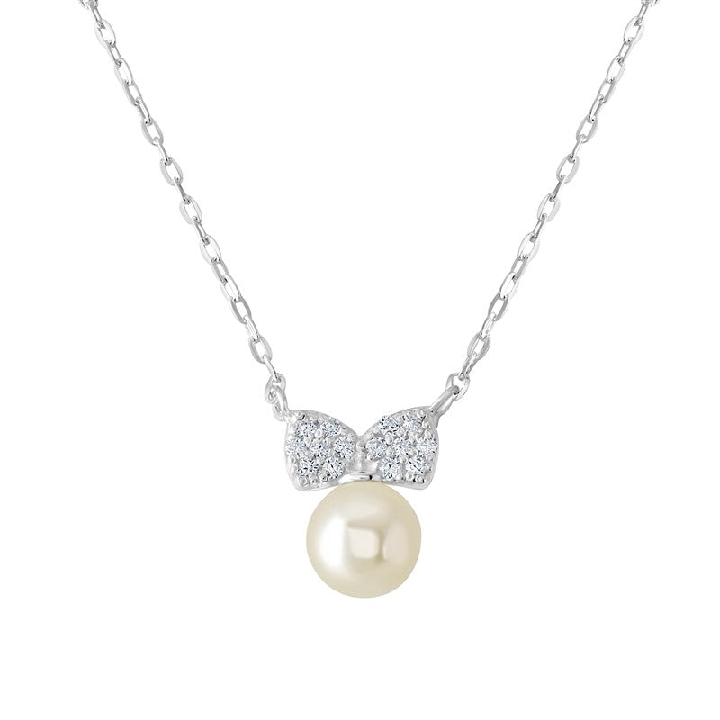 Silver Necklet Cubic Zirconia Bow Pearl