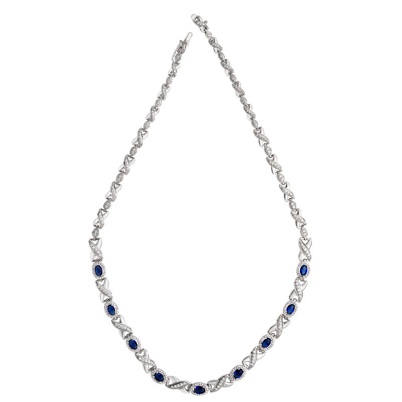 Sterling Silver Crossover Cubic Zirconia/ Blue Stone Necklet