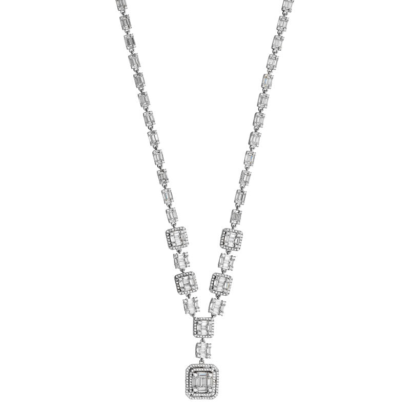 Sterling Silver Fancy Square Cubic Zirconia Drop Necklet