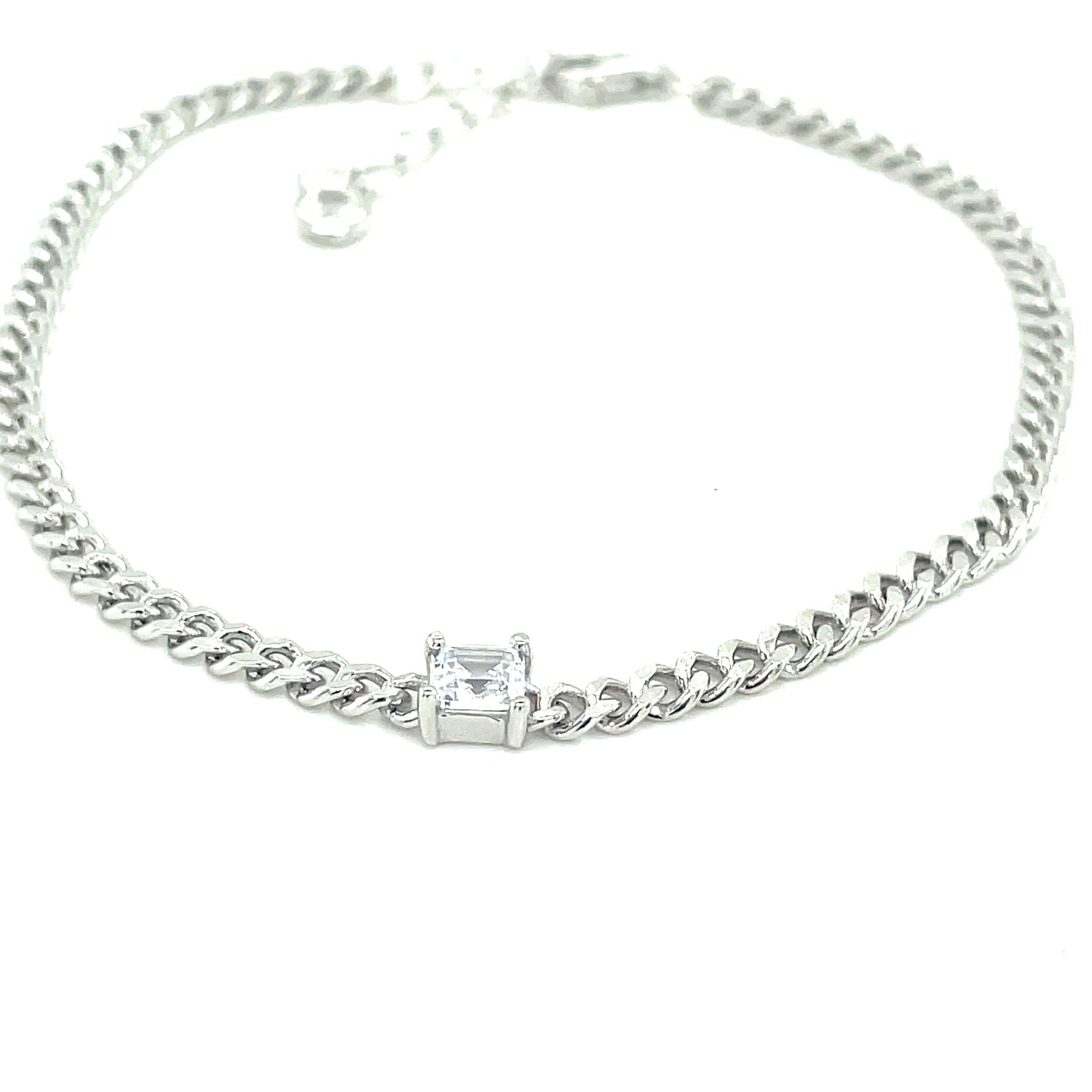 Sterling Silver Pincess Cut Cubic Zirconia Curb Bracelet