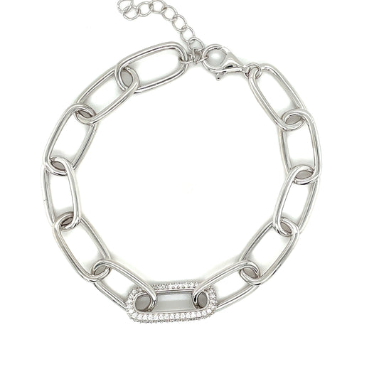 Sterling Silver Open Link Bracelet With 1 Cubic Zirconia Link In Centre