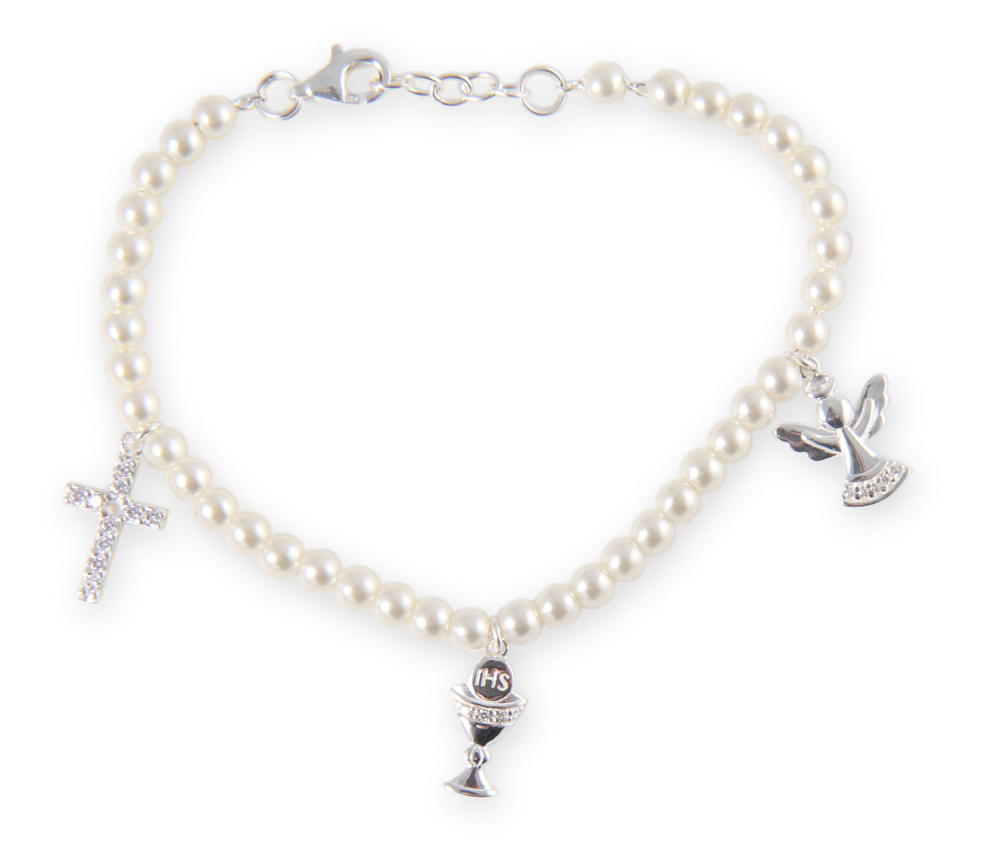 Silver Plated Pearl Chalice Angel Cross Communion Bracelet