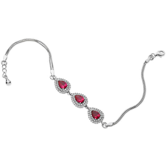 Sterling Silver Cubic Zirconia Red Stone 3 Cluster Bracelet
