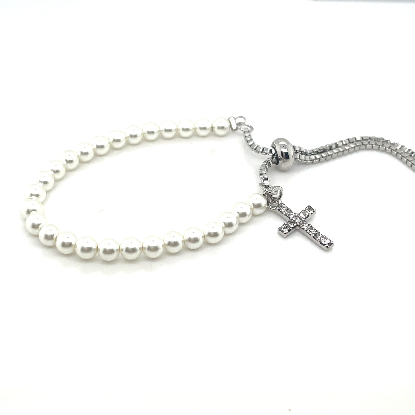 Silver Plated Pearl And Cubic Zirconia Cross Toggle Bracelet