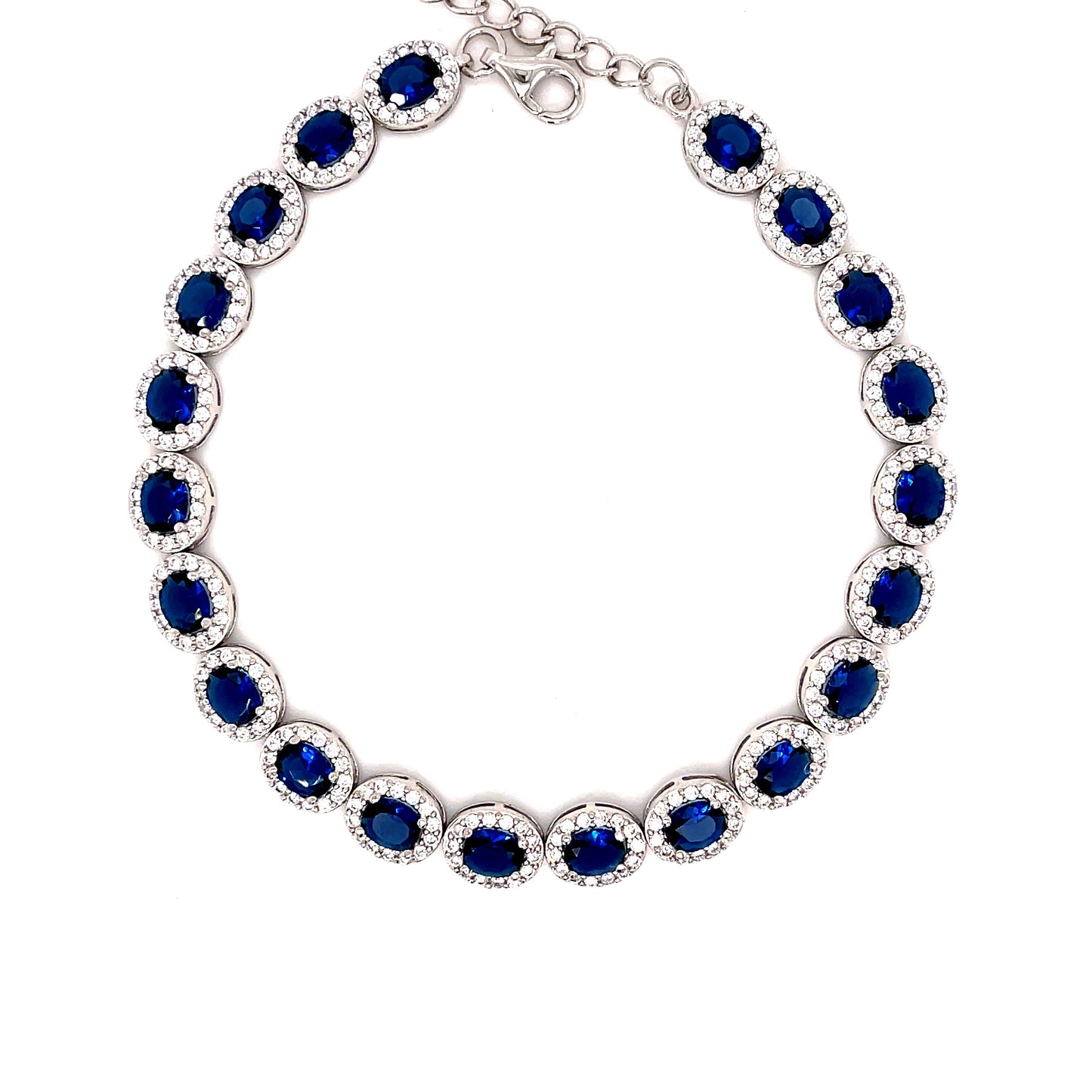 Sterling Silver Cubic Zirconia/ Blue Oval Cluster Style Bracelet