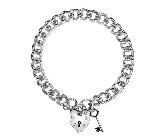Sterling Silver Curb Padlock Key Bracelet With Safety Chain