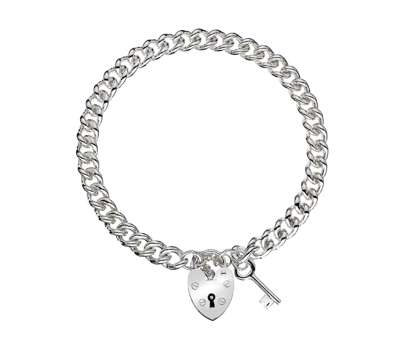 Sterling Silver Curb Padlock Key Bracelet