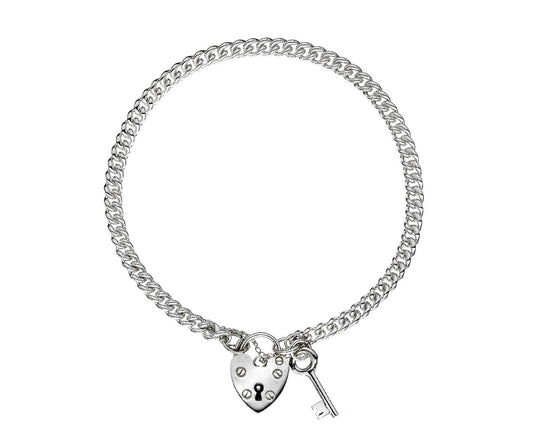 Sterling Silver Curb Padlock Key Bracelet