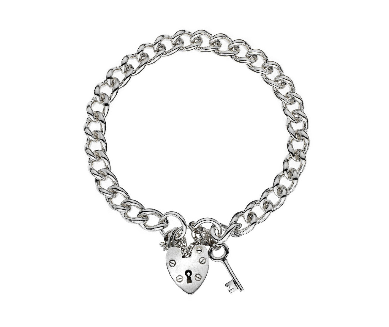 Sterling Silver Curb Padlock Key Bracelet