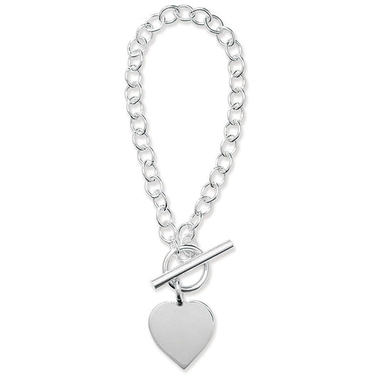 Sterling Silver T-Bar And Heart Round Link Bracelet