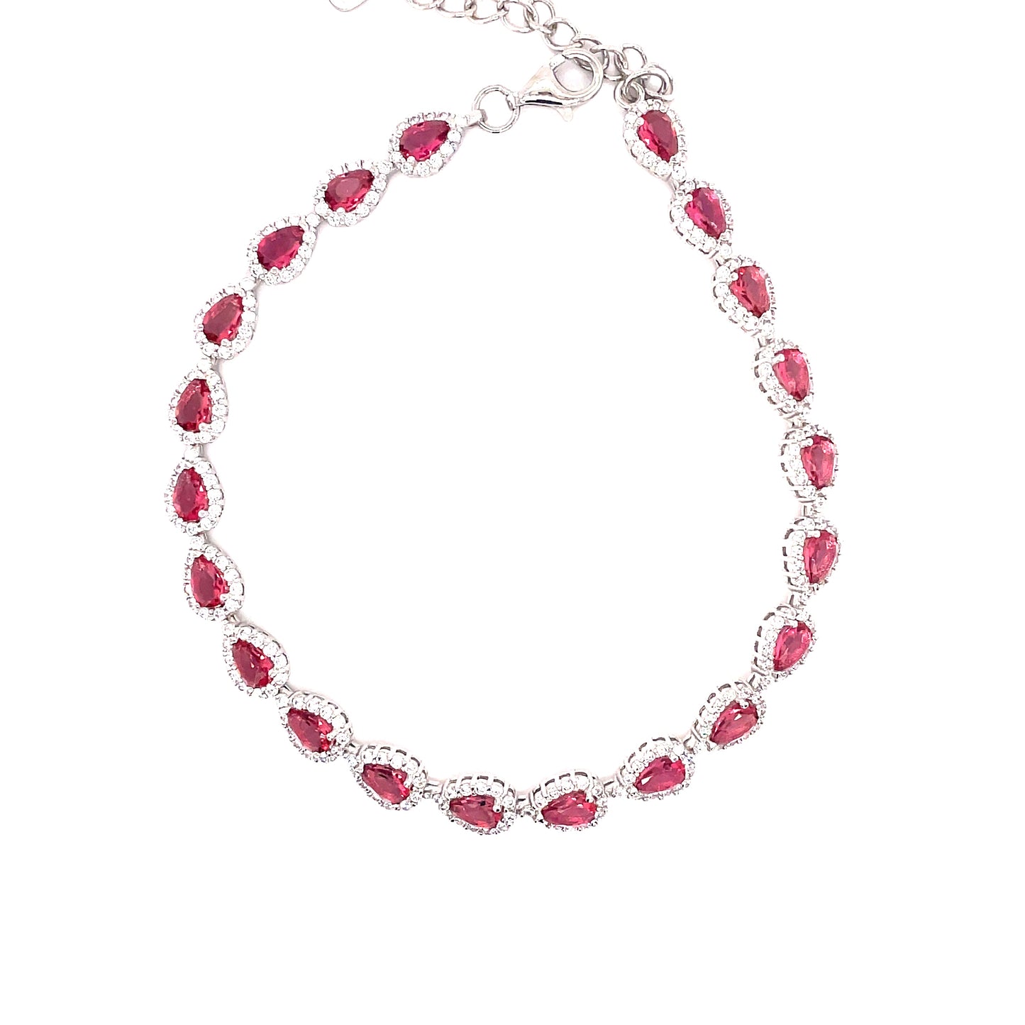 Sterling Silver Red And Cubic Zirconia Halo Set Tear Bracelet