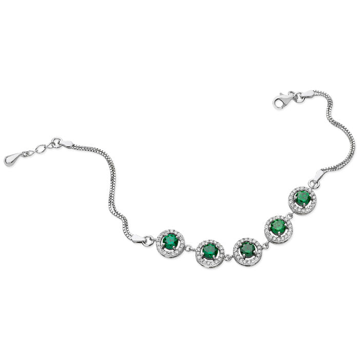 Sterling Silver Green And Cubic Zirconia Round Halo Set Bracelet