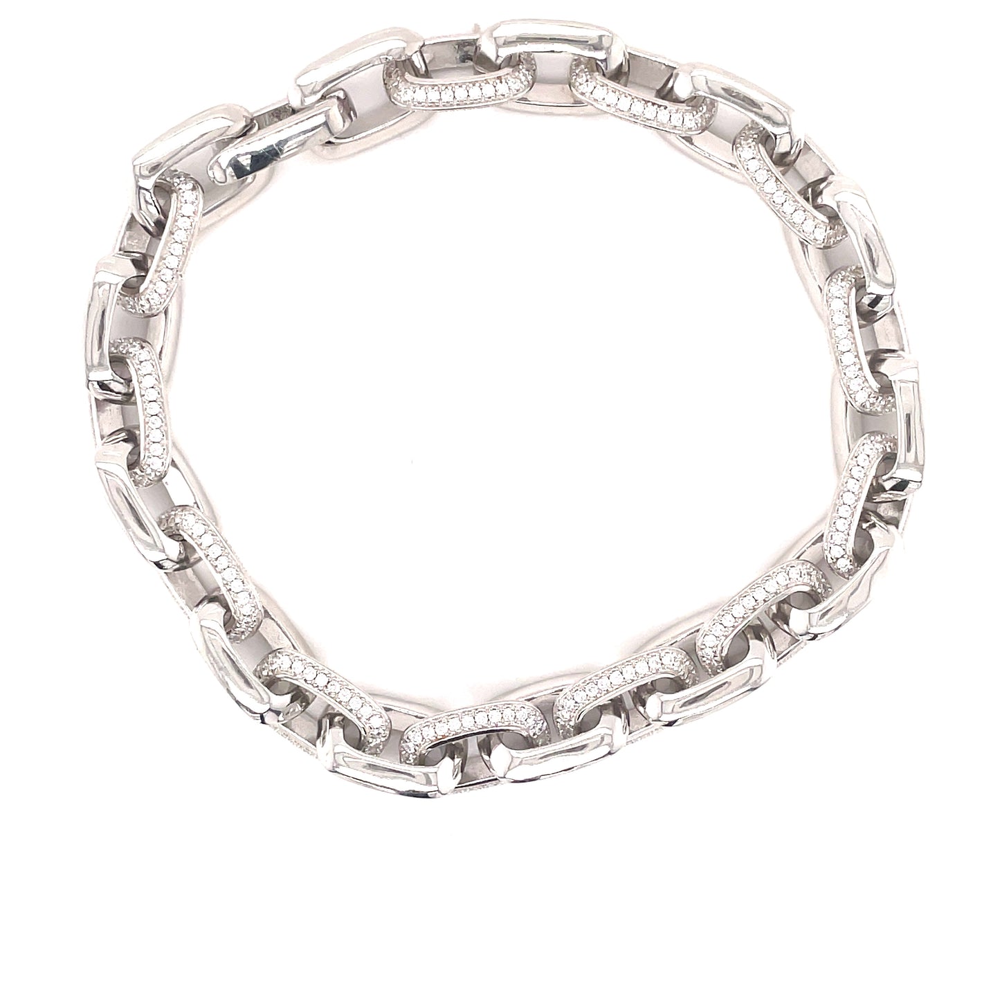 Sterling Silver Cubic Zirconia And Plain Oval Link Bracelet