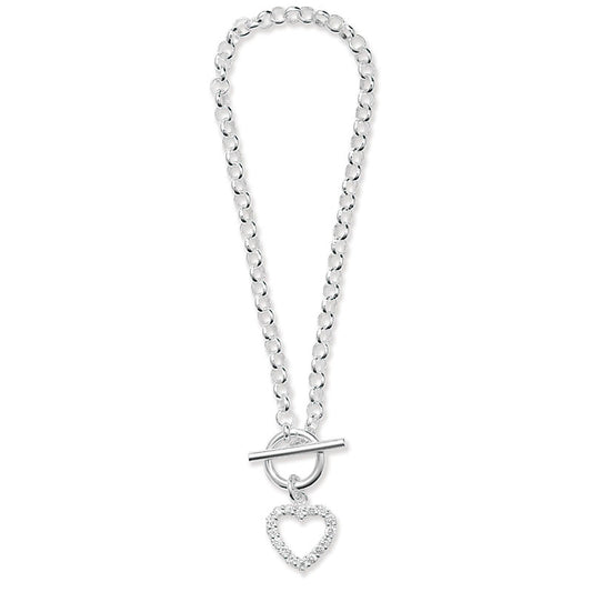 Sterling Silver T-Bar And Cubic Zirconia Heart Bracelet