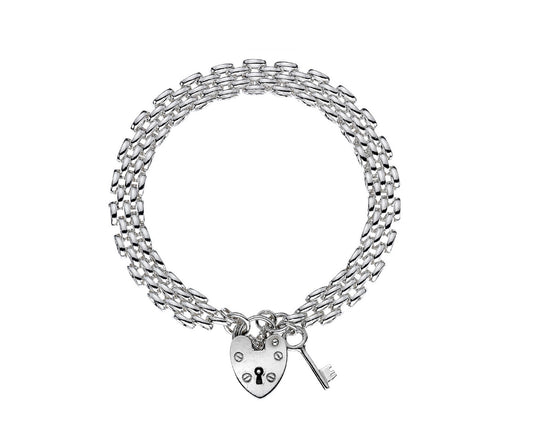 Sterling Silver Panther Link With Heart & Key Bracelet