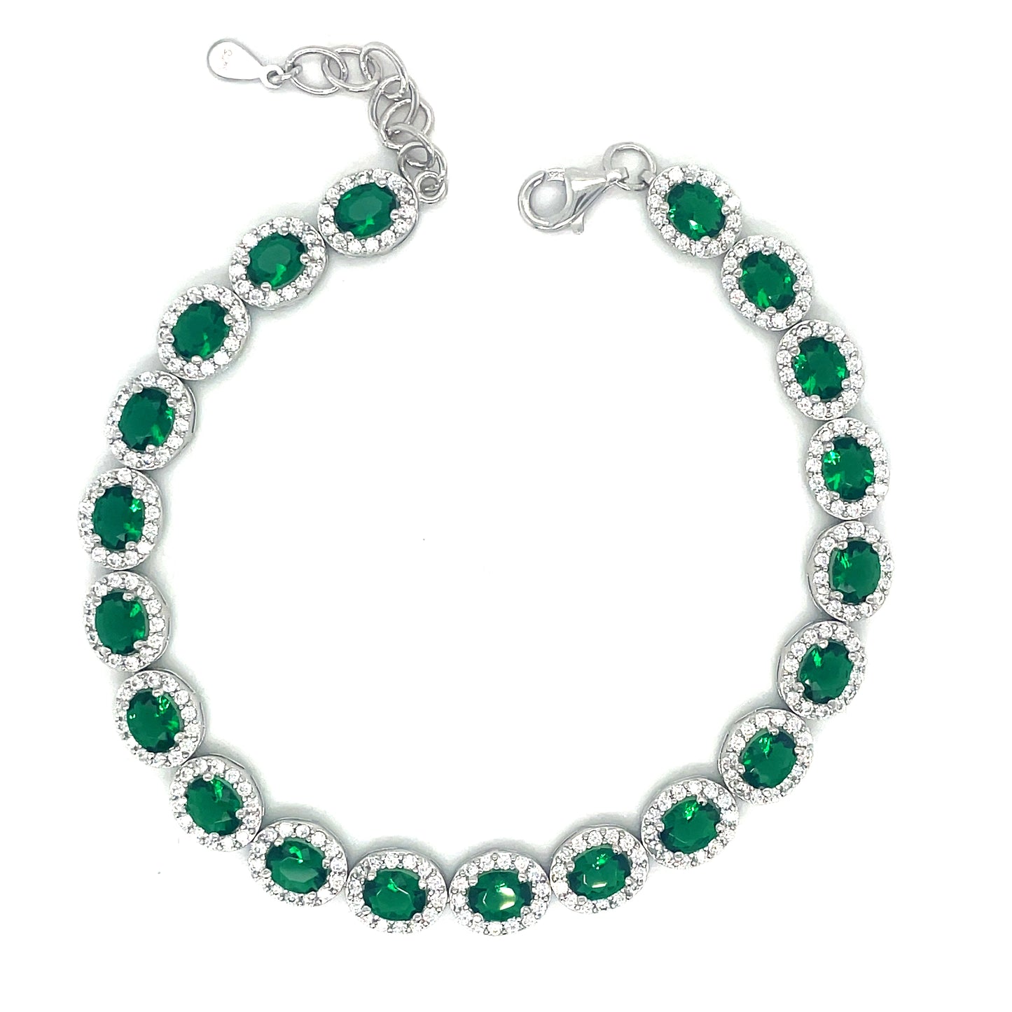 Sterling Silver Cubic Zirconia Oval Bracelet With Green Stone