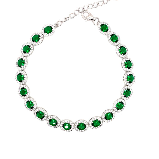 Sterling Silver Cubic Zirconia Oval Bracelet With Green Stone