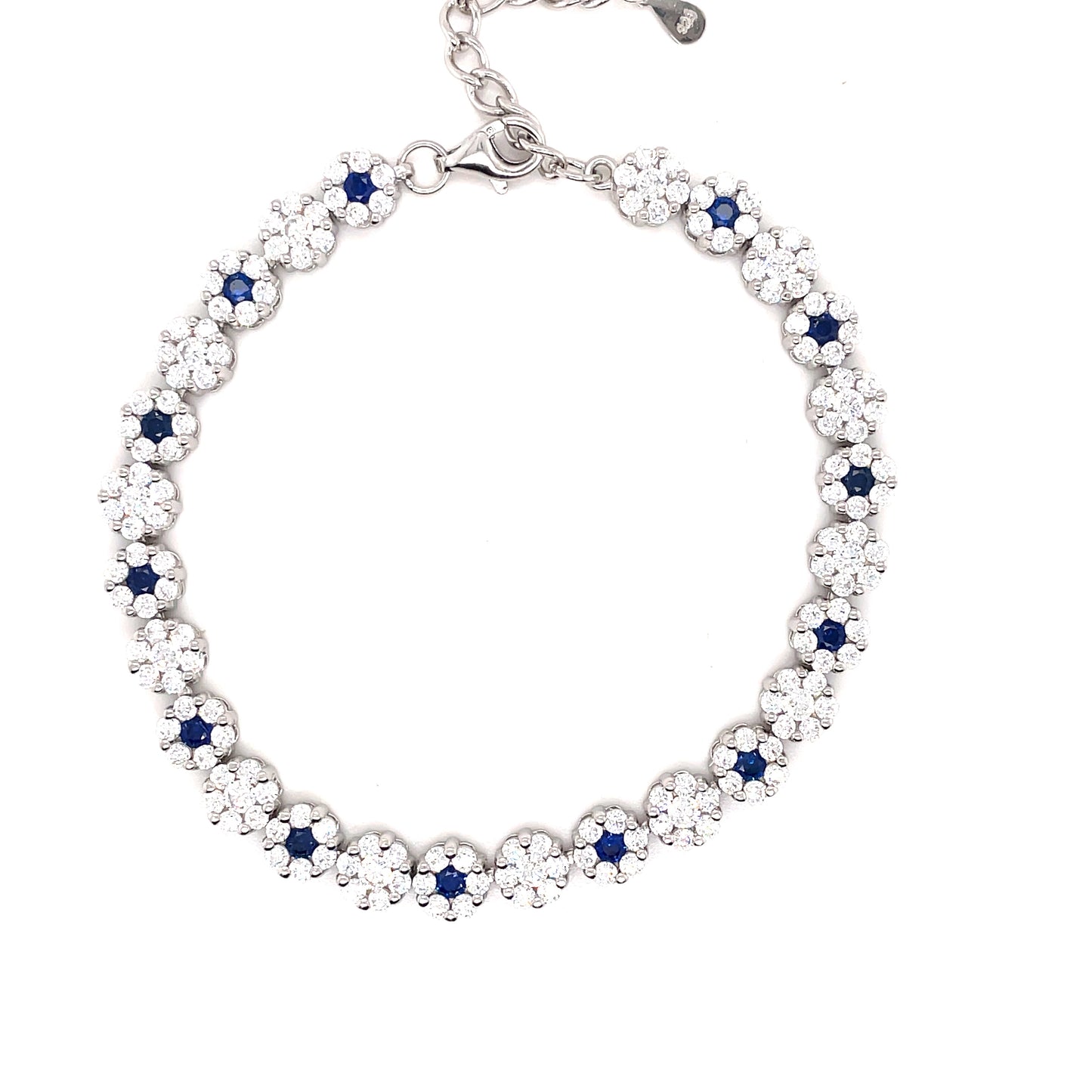 Sterling Silver Cubic Zirconia Flower Bracelet With Blue Stone