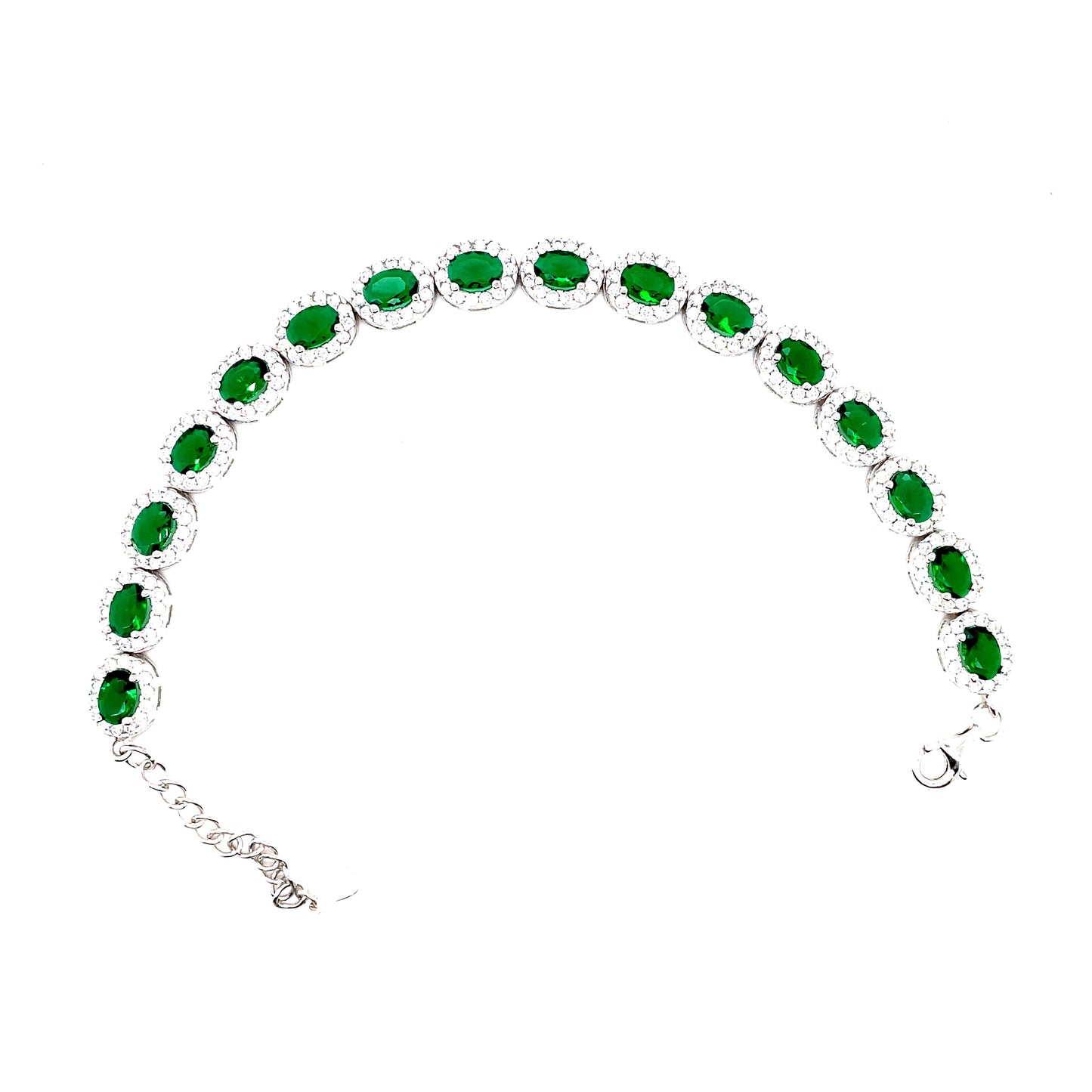 Sterling Silver Oval Cluster Bracelet With Green Cubic Zirconia