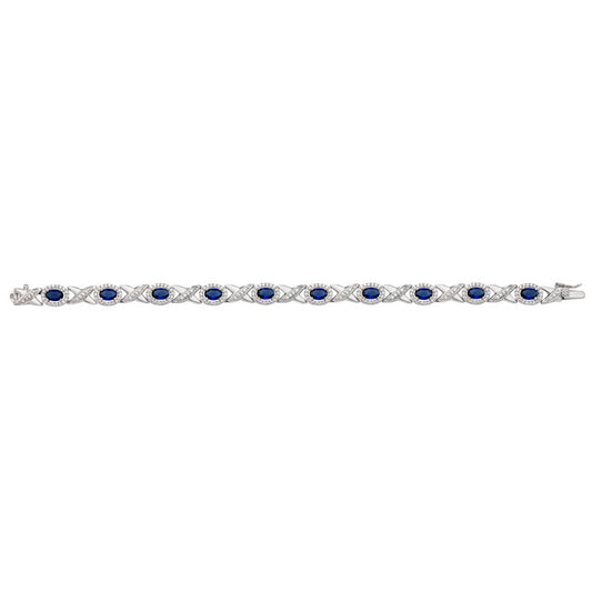 Sterling Silver Oval X Link Cubic Zirconia And Blue Bracelet
