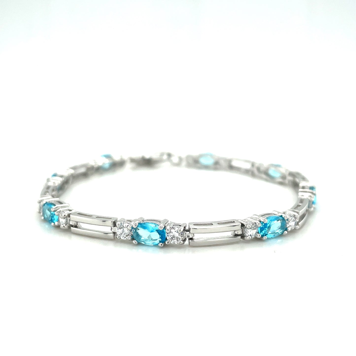 Sterling Silver Cubic Zirconia/ B;Lue Topaz Tennis Bracelet