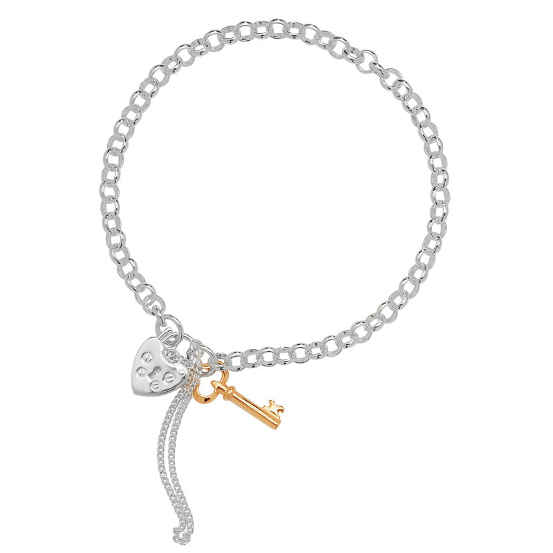 Sterling Silver Gold Plated Heart Padlock Key Bracelet