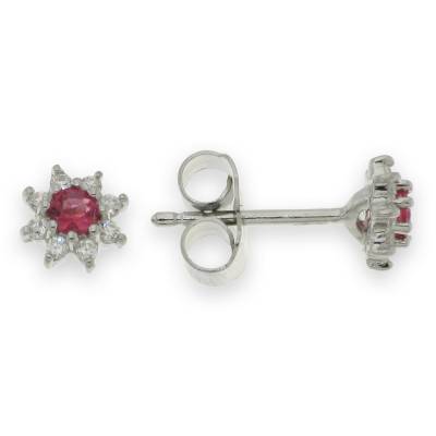 Sterling Silver Cubic Zirconia And Red Flower Earrings