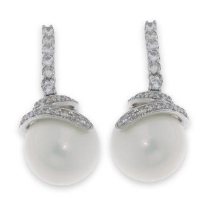 Sterling Silver Cubic Zirconia And Ball Pearl Earrings