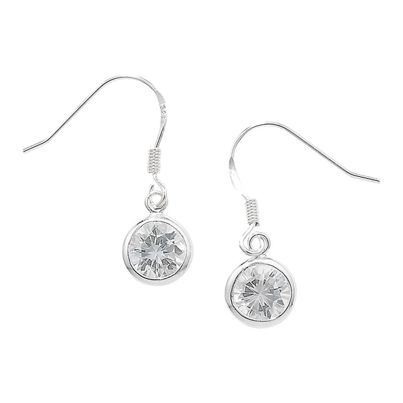 Silver Earring Drop Round Rubover Cubic Zirconia