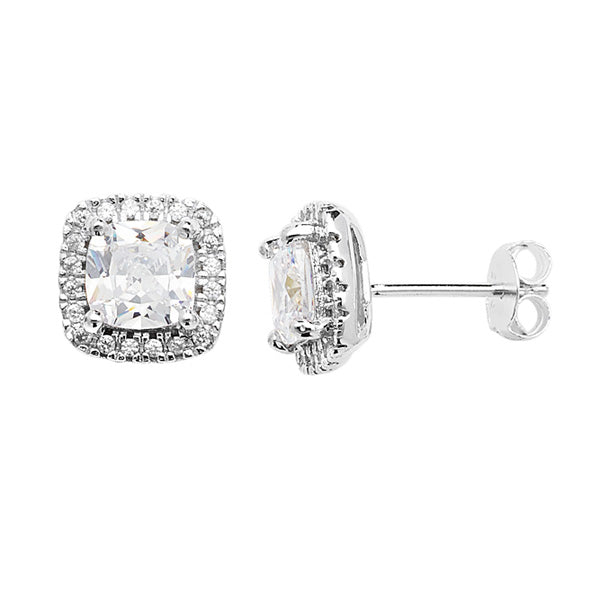 Sterling Silver Square Halo Cubic Zirconia Earrings