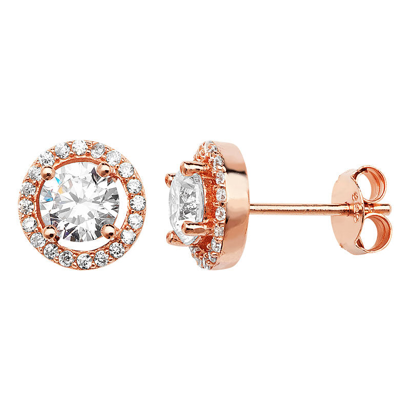Silver Earring Rose Plated Cubic Zirconia Halo