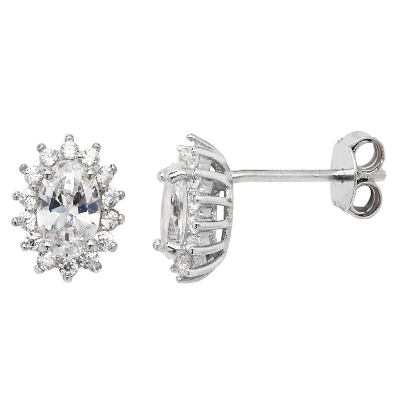 Silver Earring Oval Cubic Zirconia Cluster