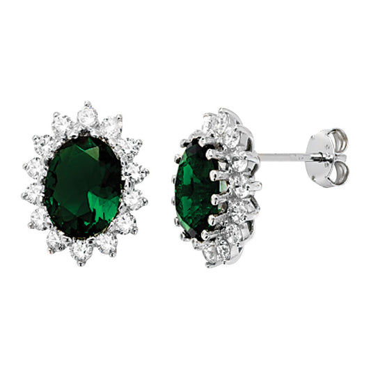 Sterling Silver Oval Cubic Zirconia Green Stone Stud Earring