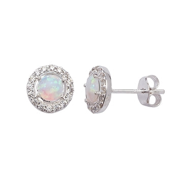 Sterling Silver Opal And Cubic Zirconia Earring 9mm x 9mm
