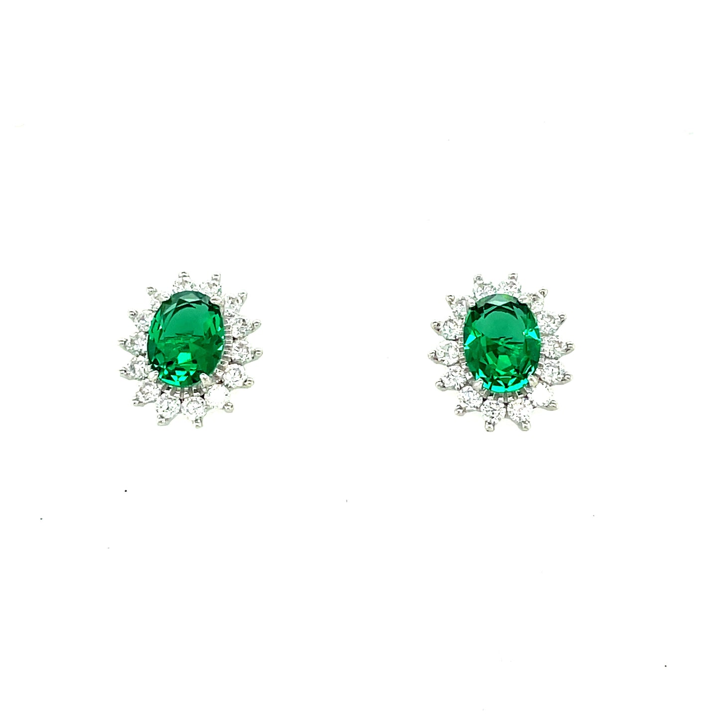 Sterling Silver Oval Cluster Cubic Zirconia/ Green Stud Earring