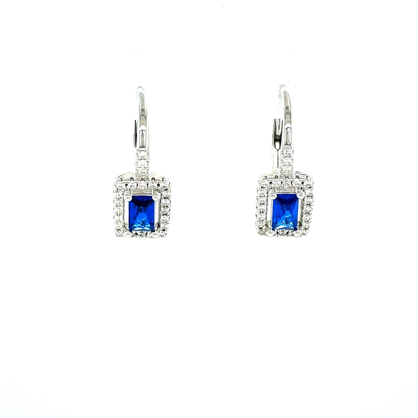 Sterling Silver Cubic Zirconia/Blue Square Cluster Hoop Earring