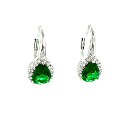 Sterling Silver Green/Cubic Zirconia Pear Cluster Hoop Earring