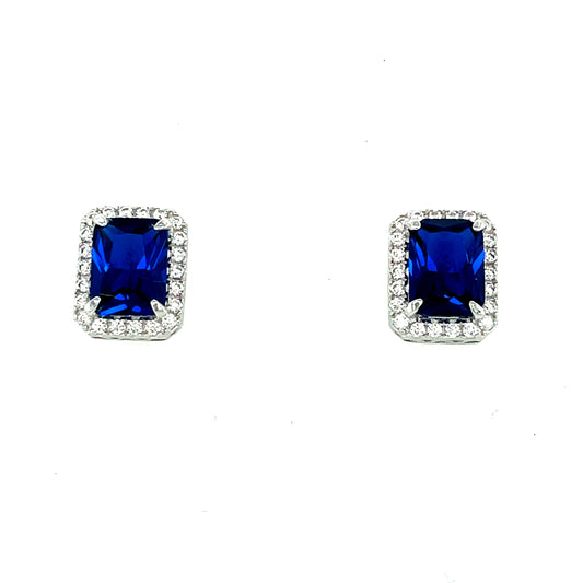 Sterling Silver Cubic Zirconia/Blue Emerald Cut Stud Earring